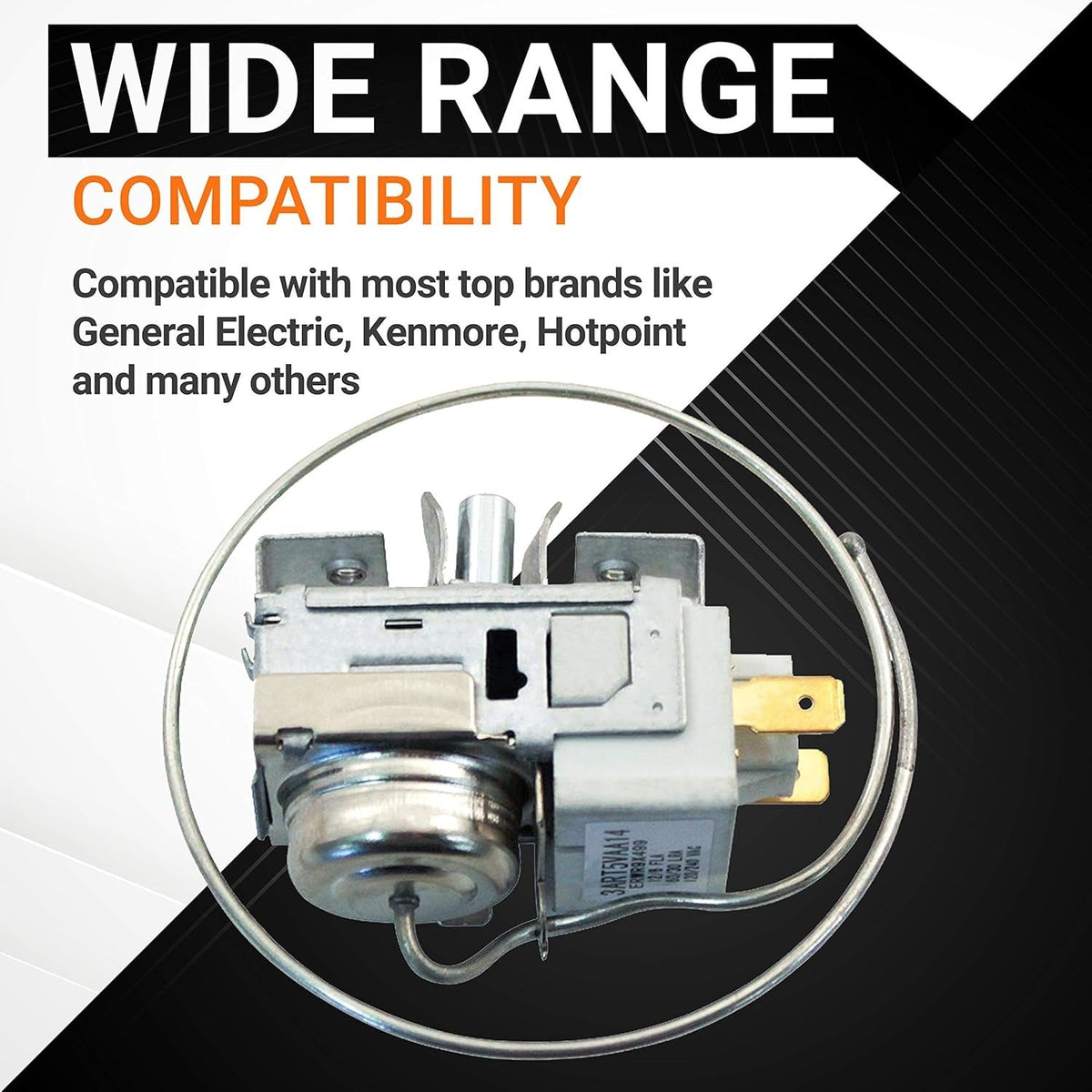 WR9X499 refrigerator temperature control thermostat replacement part with wide compatibility graphic.
