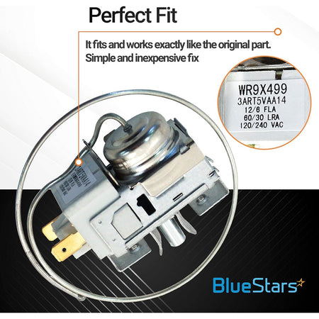 WR9X499 refrigerator temperature control thermostat with close-up view of part number label.