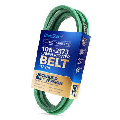 Green 106-2173 lawn mower deck belt in BlueStars retail packaging, 117.2-inch length.