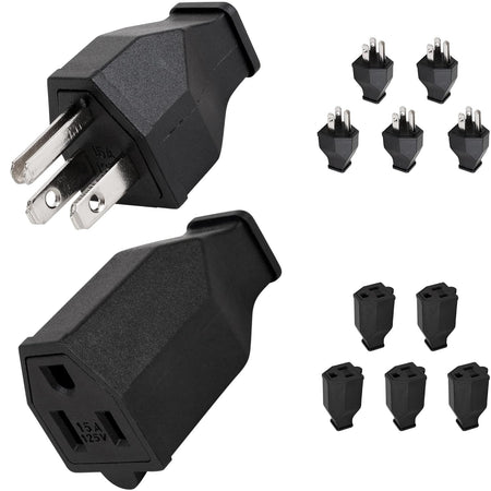Set of 10 black 125V 15A extension cord male plugs and female connectors.