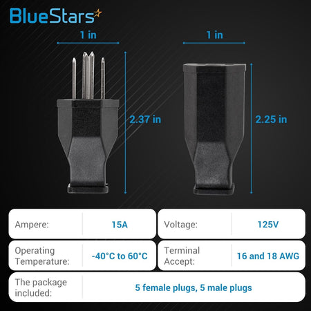 Dimensional diagram of 125V 15A extension cord male plug and female connector with technical specifications.