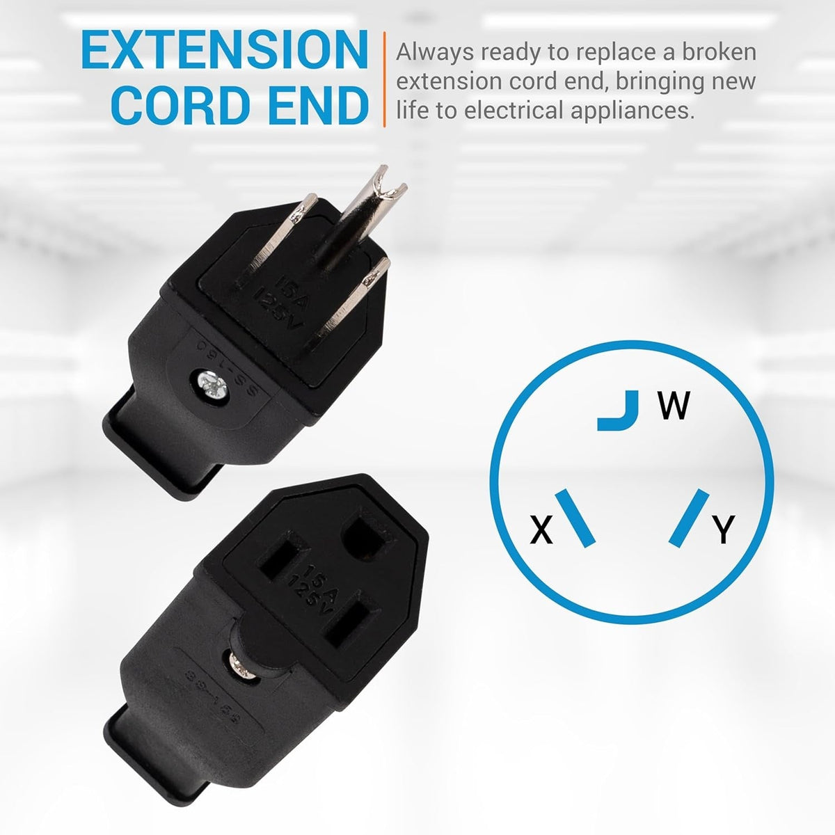 Black 125V 15A male plug and female extension cord connector with wiring diagram.