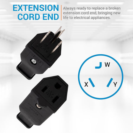 Black 125V 15A male plug and female extension cord connector with wiring diagram.