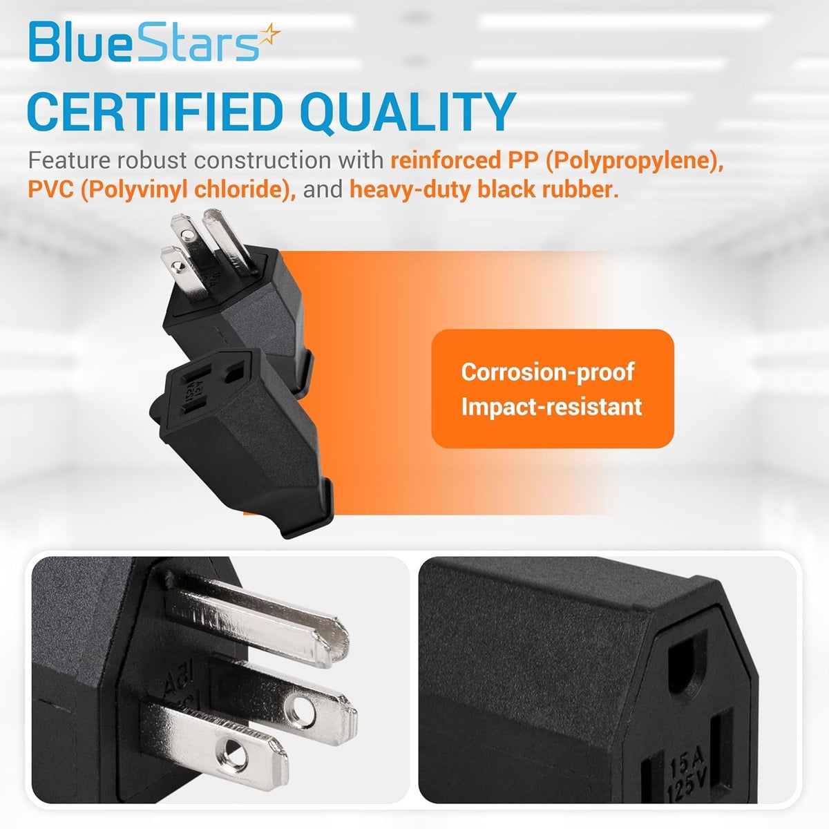BlueStars 125V 15A extension cord male plug and female connector set with close-up views of electrical prongs and ports.