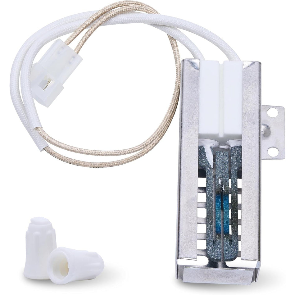 W10918546 gas range oven igniter replacement part with wire harness and two wire nuts.