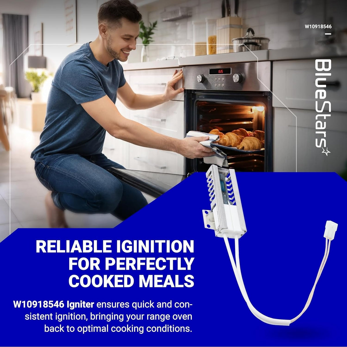 W10918546 gas range oven igniter replacement part shown with a man cooking in a kitchen background.