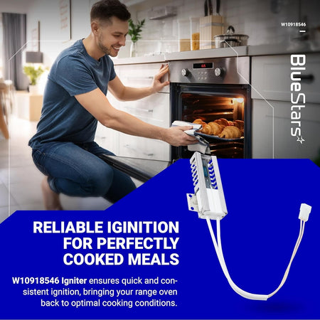 W10918546 gas range oven igniter replacement part shown with a man cooking in a kitchen background.