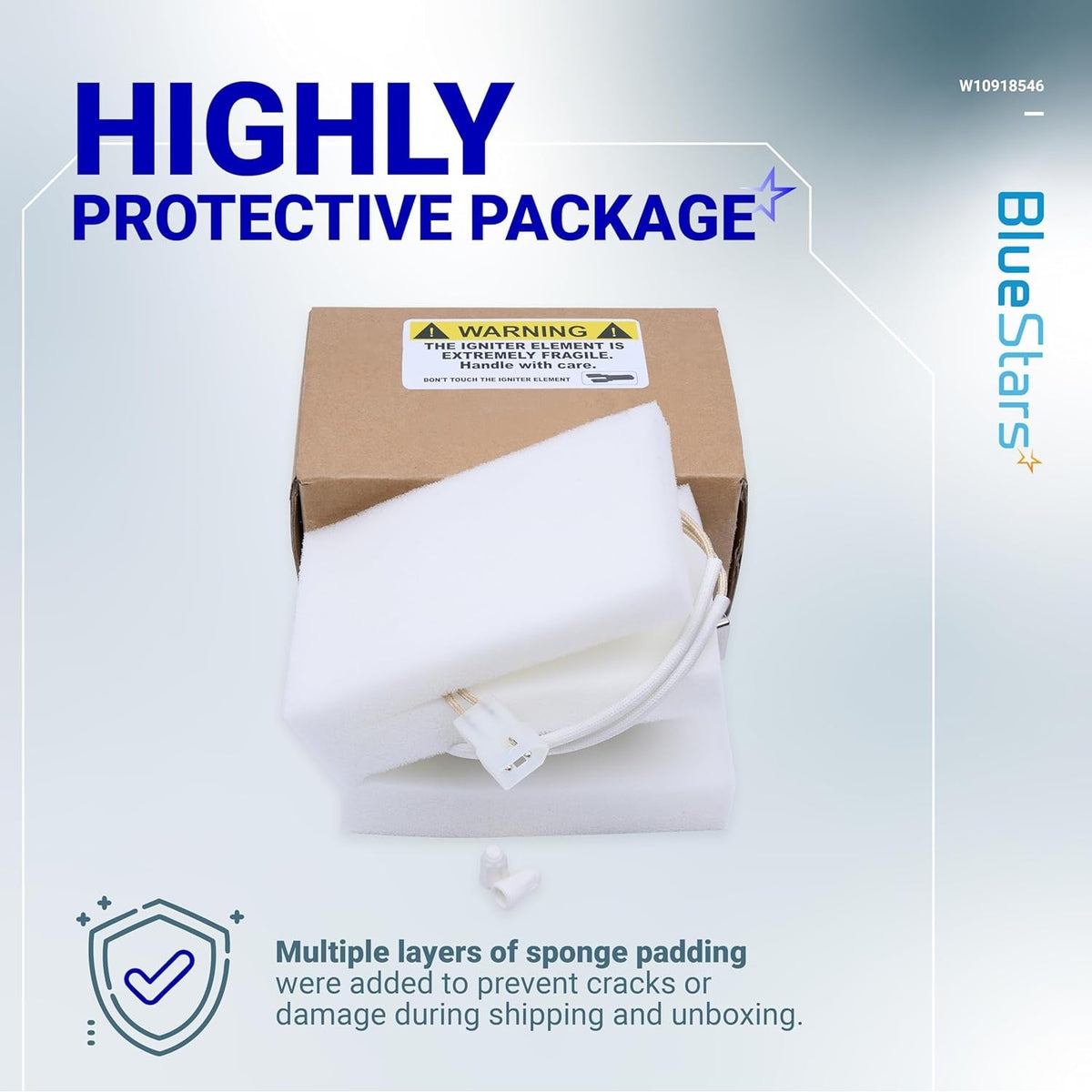 W10918546 gas range oven igniter in protective foam packaging with warning label for safe shipping.