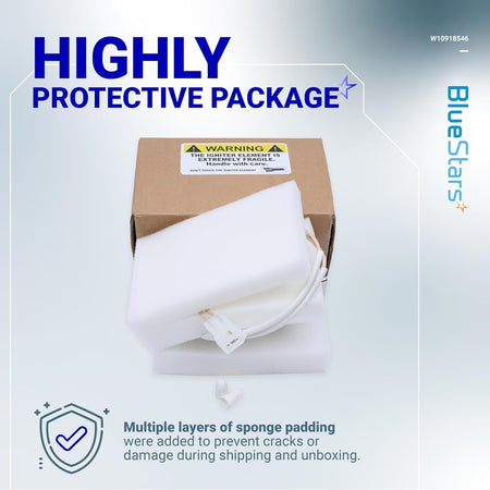 W10918546 gas range oven igniter in protective foam packaging with warning label for safe shipping.