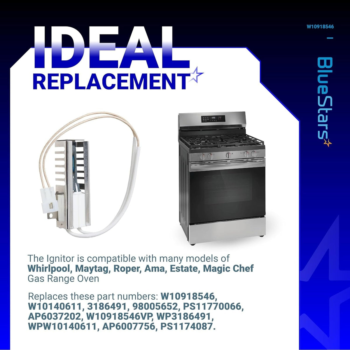 W10918546 gas range oven igniter replacement part shown with a compatible stainless steel gas stove.