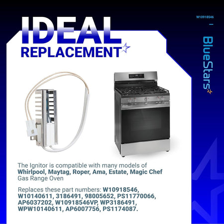 W10918546 gas range oven igniter replacement part shown with a compatible stainless steel gas stove.