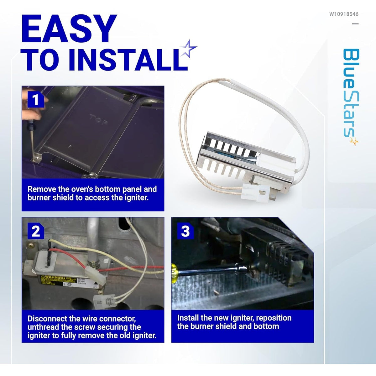 Installation guide for W10918546 gas range oven igniter showing step-by-step replacement process.