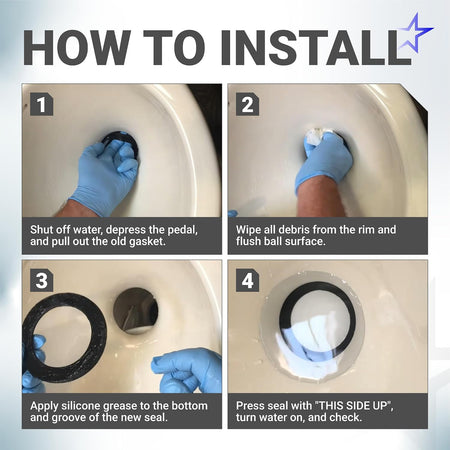 385311652 & 385311658 RV Toilet Seal Kit, four-step installation guide for cleaning, greasing, and fitting the seal