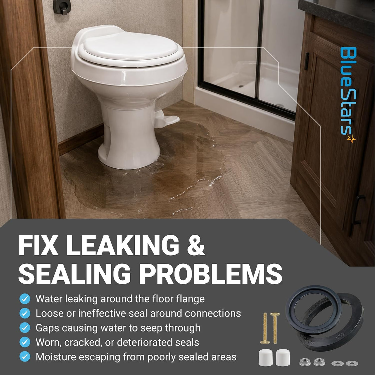 385311652 & 385311658 RV Toilet Seal Kit graphic showing a leaking RV toilet and seal components