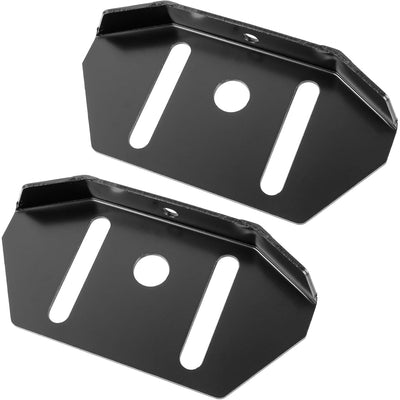 Pair of black metal snowblower skid shoes for height adjustment.