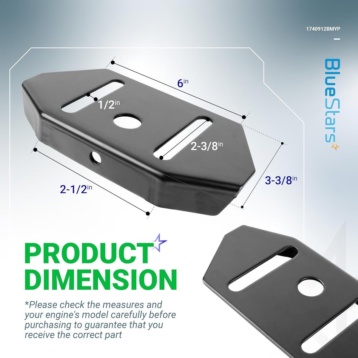 1740912BMYP snowblower skid shoe showing detailed product dimensions and measurements.