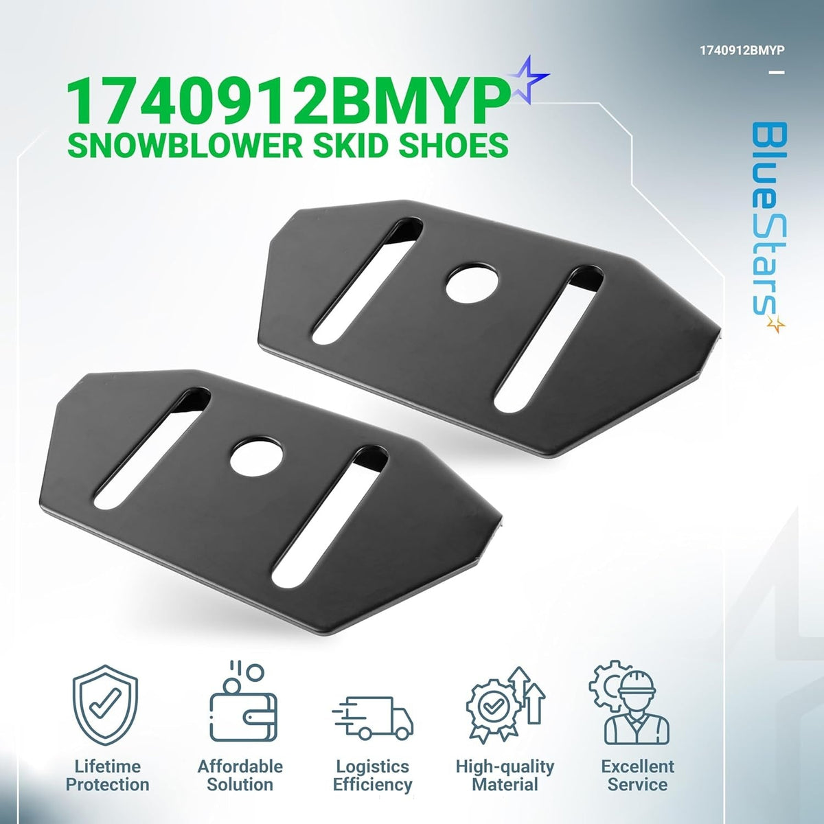 Pair of black 1740912BMYP snowblower skid shoes for height adjustment.
