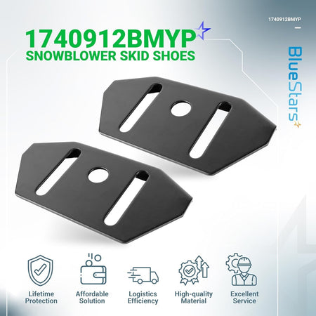 Pair of black 1740912BMYP snowblower skid shoes for height adjustment.
