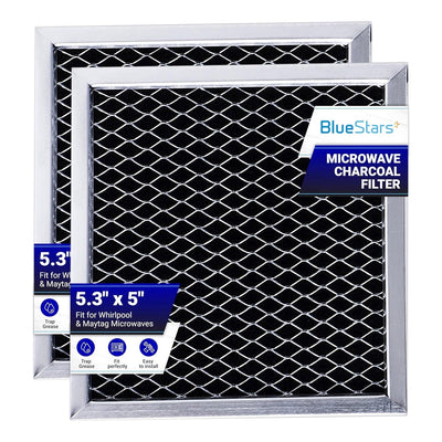 Pack of two 5.3" x 5" microwave charcoal filters compatible with Whirlpool and Maytag appliances.