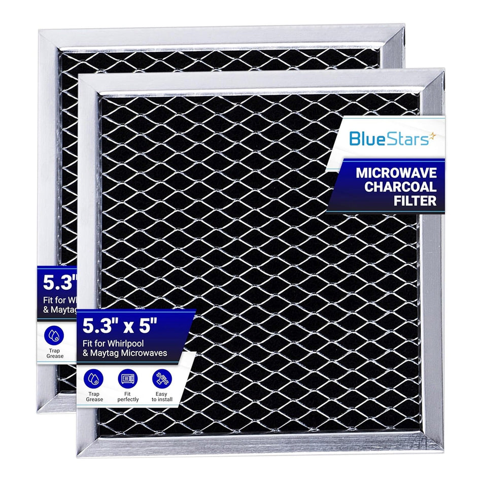 Pack of two 5.3" x 5" microwave charcoal filters compatible with Whirlpool and Maytag appliances.