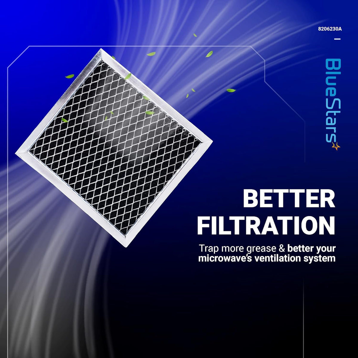 Single 8206230A microwave charcoal filter replacement with mesh design on promotional blue background.