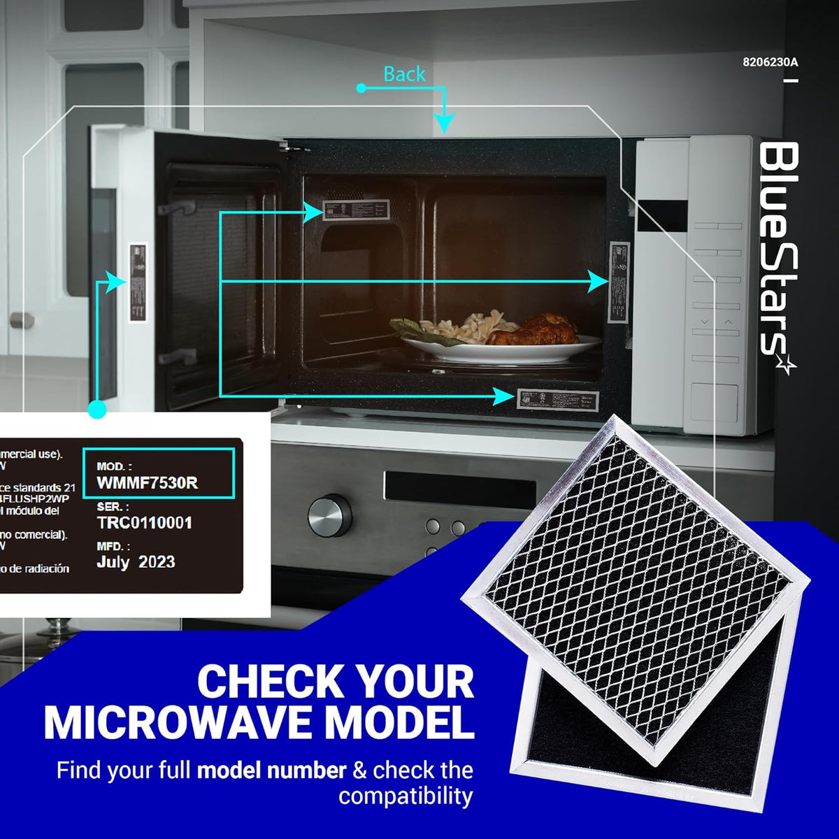 8206230A microwave charcoal filter replacement guide showing model number location and compatibility check.