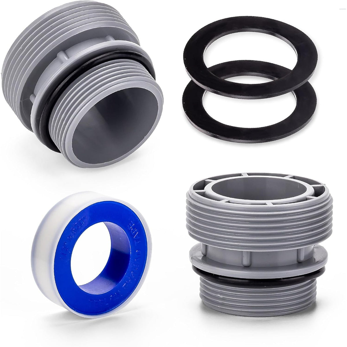 40mm to 1.5 inch pool hose adapter kit with threaded connectors, rubber gaskets, and thread seal tape.