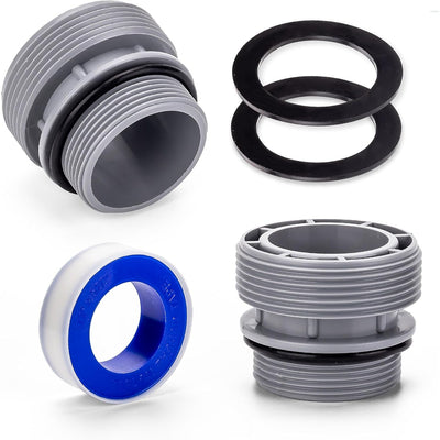 40mm to 1.5 inch pool hose adapter kit with threaded connectors, rubber gaskets, and thread seal tape.