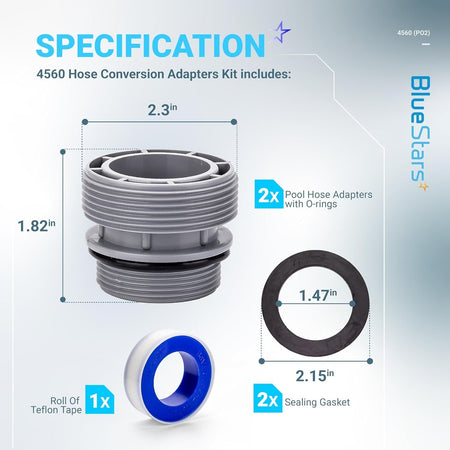 Specification diagram for 4560 pool hose conversion adapter kit showing dimensions for adapter, gasket, and teflon tape.
