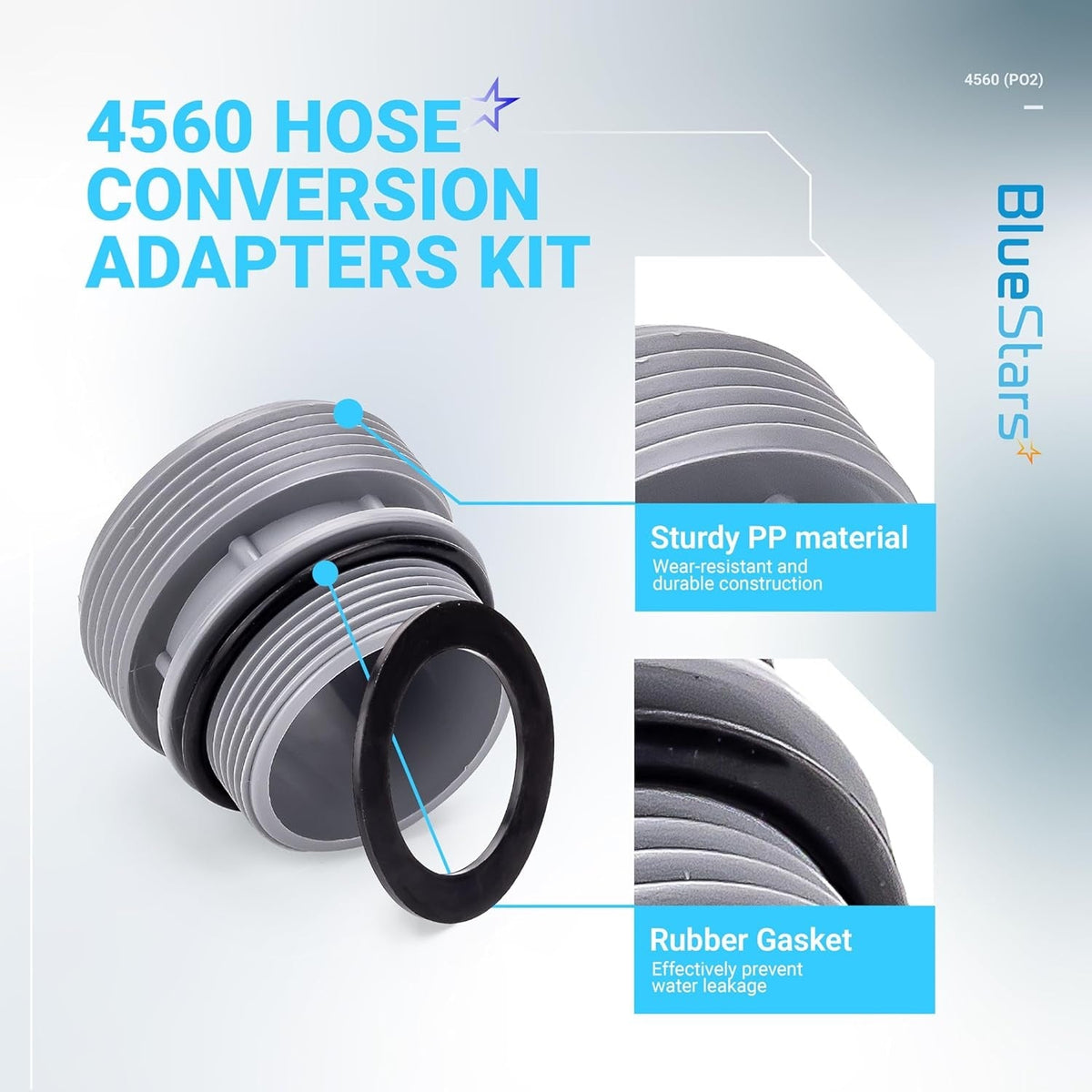 4560 pool hose conversion adapter showing durable PP material and rubber gasket for leak-proof seal.