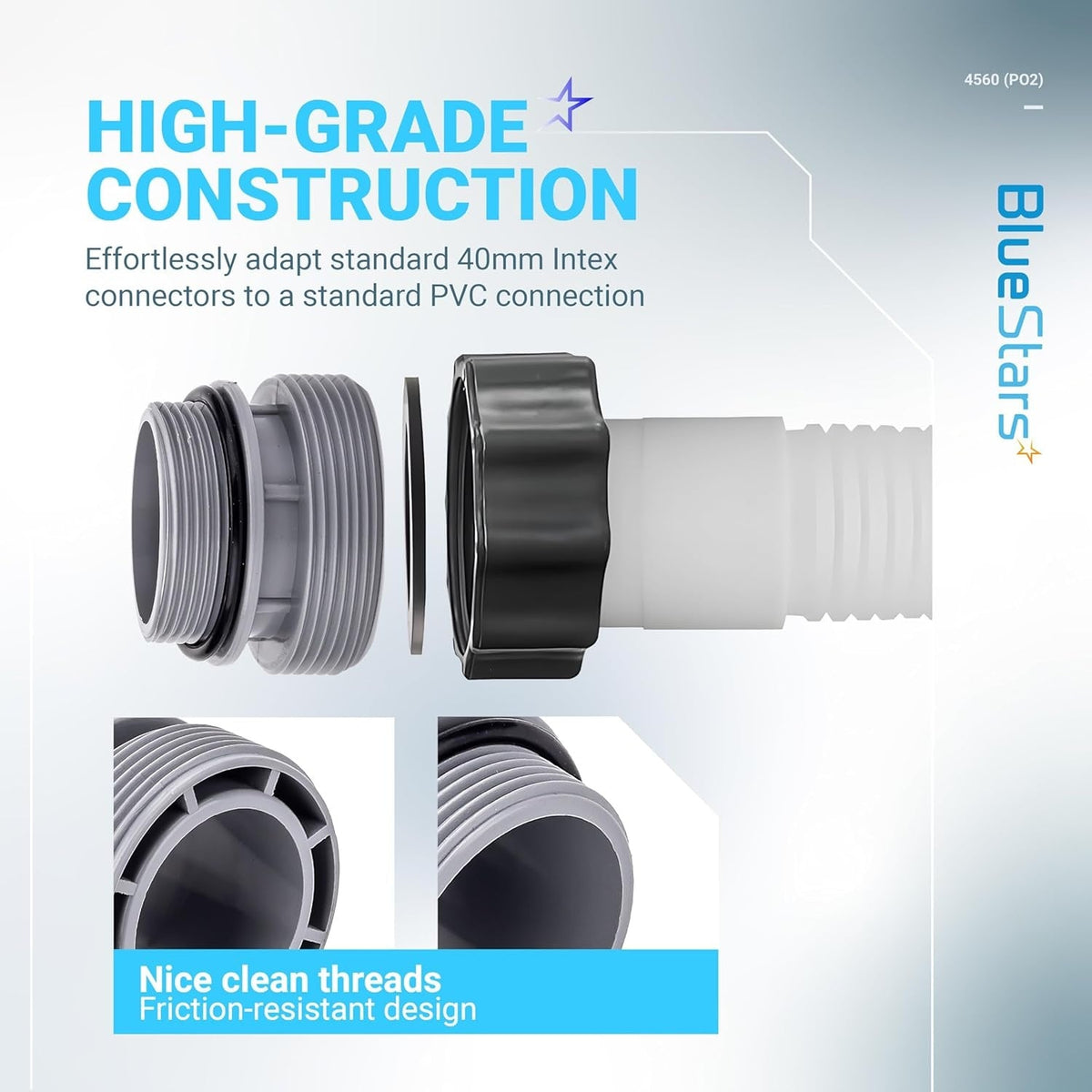 4560 40mm to 1 1/2 inch pool hose adapter conversion kit showing threaded connector components and assembly details.