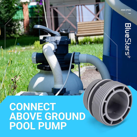 4560 40mm to 1 1/2 inch pool hose adapter conversion kit installed on an above ground pool pump.