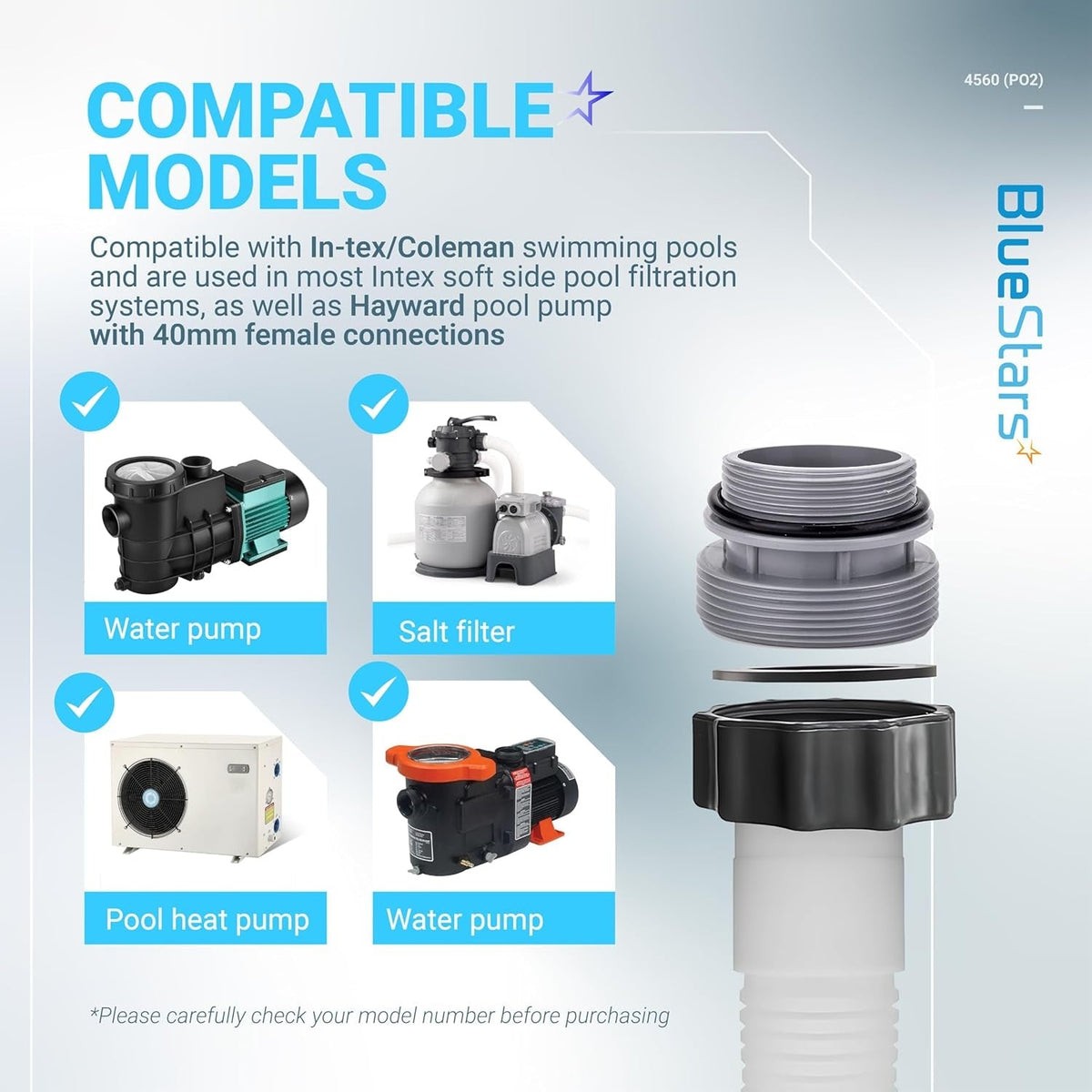 Infographic showing 4560 pool hose adapter compatibility with Intex, Coleman, and Hayward filtration systems.