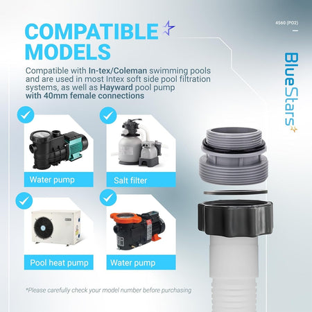 Infographic showing 4560 pool hose adapter compatibility with Intex, Coleman, and Hayward filtration systems.
