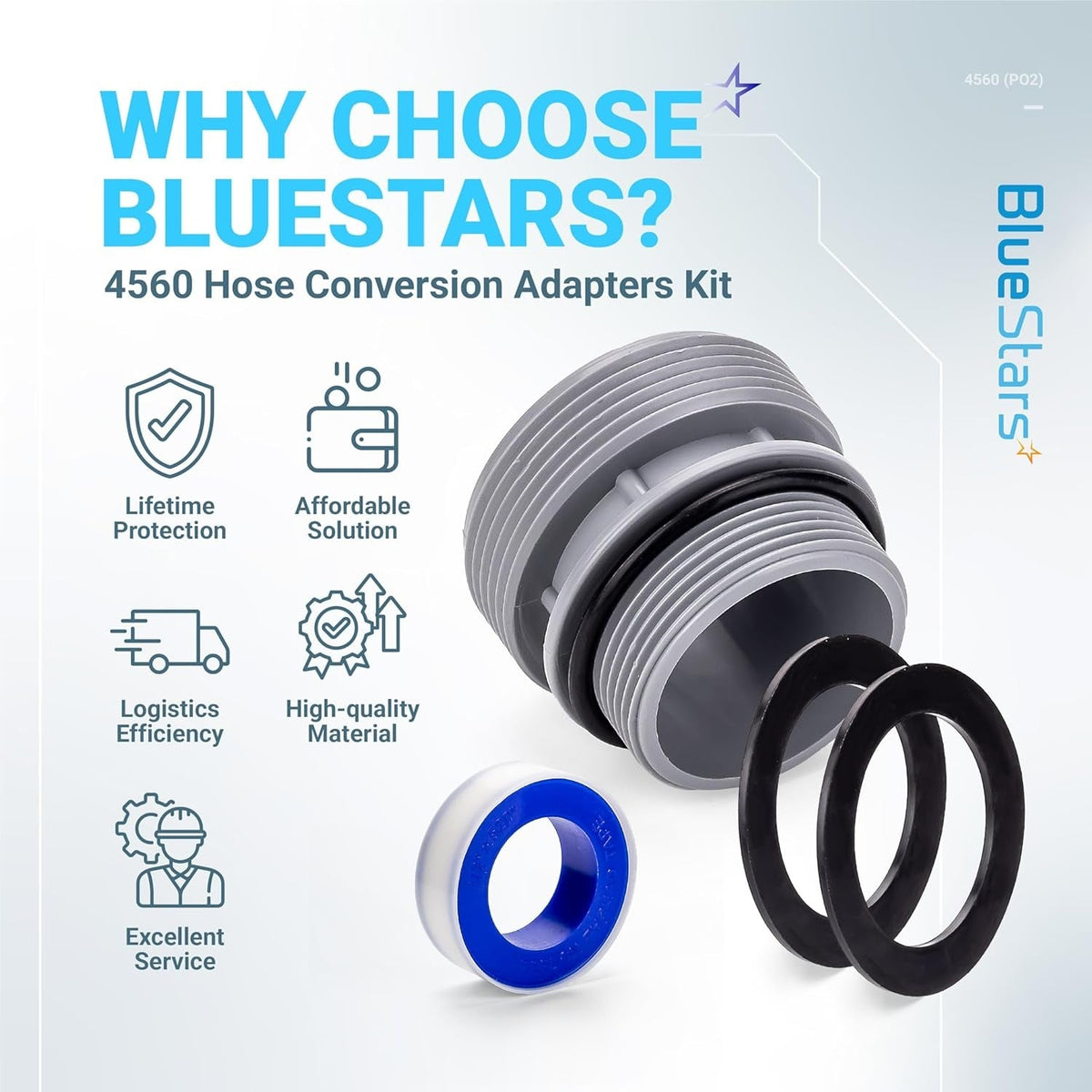 4560 pool hose conversion adapter with O-ring, rubber gasket, and thread seal tape on a promotional infographic background.