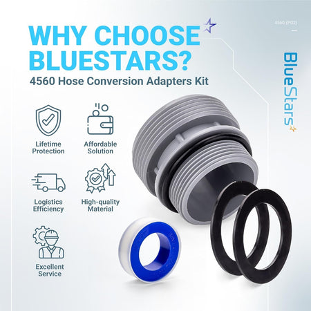 4560 pool hose conversion adapter with O-ring, rubber gasket, and thread seal tape on a promotional infographic background.