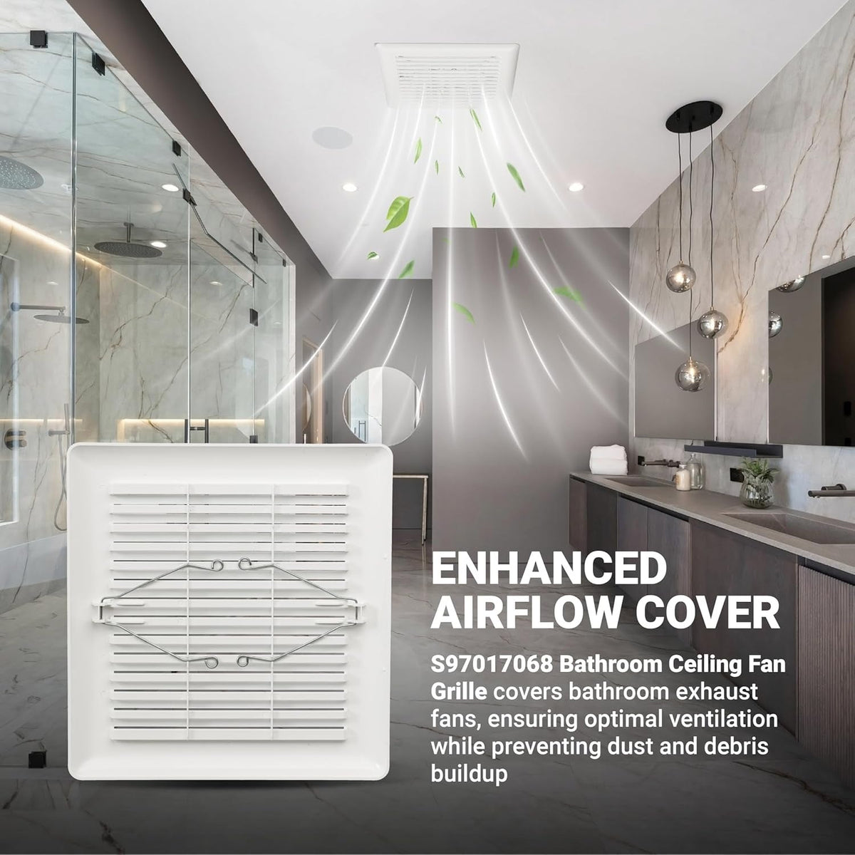 C350GN S97017068 bathroom ceiling fan grille with mounting springs shown in a modern bathroom setting.