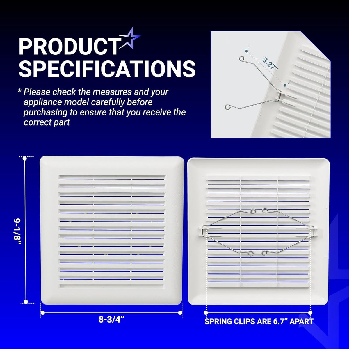 C350GN bathroom ceiling fan grille dimensions and spring clip specifications diagram.