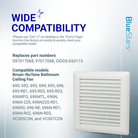 Compatibility chart for C350GN bathroom ceiling fan grille showing compatible Broan-NuTone model numbers.