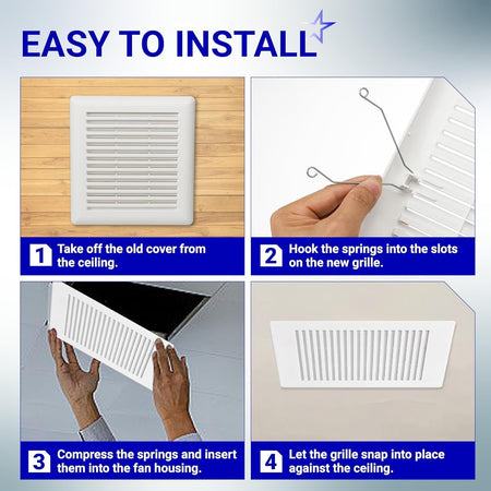 Four-step installation guide for C350GN bathroom ceiling fan grille showing spring attachment and ceiling mounting.