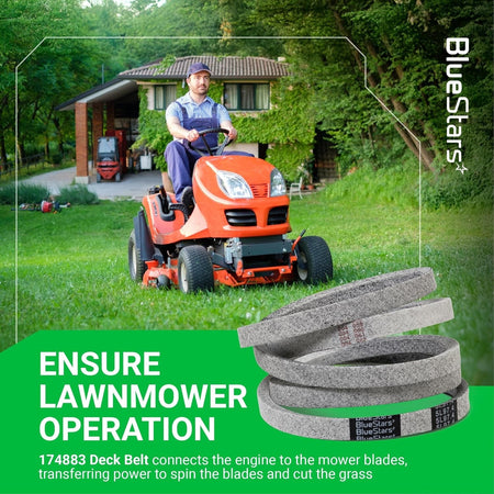 174883 mower deck drive belt for 42-inch lawn mowers shown with a riding mower in a residential yard.