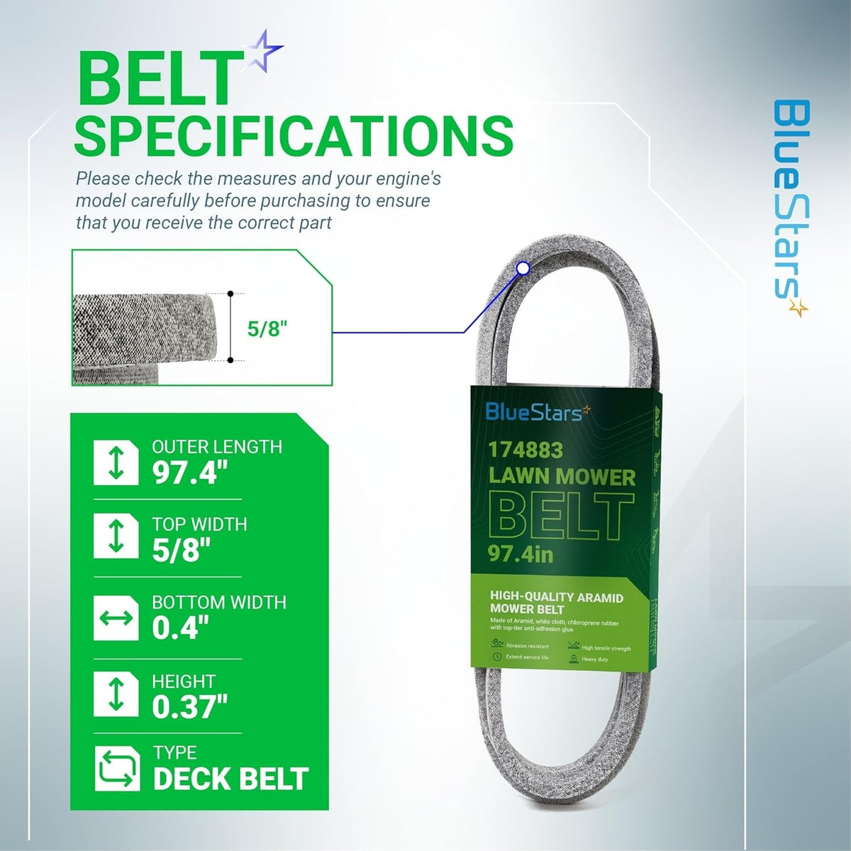Infographic showing specifications and dimensions for 174883 mower deck drive belt.