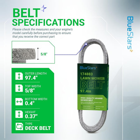 Infographic showing specifications and dimensions for 174883 mower deck drive belt.