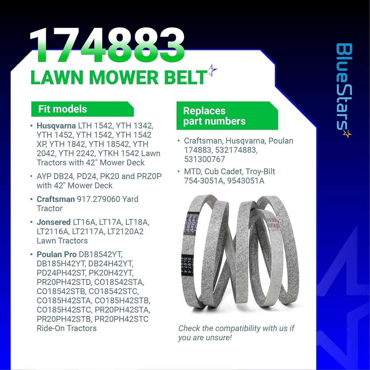 174883 mower deck drive belt compatibility chart for Husqvarna, Craftsman, and Poulan lawn mowers.