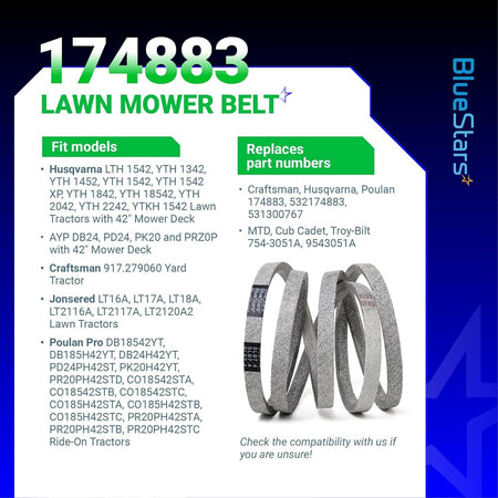 174883 mower deck drive belt compatibility chart for Husqvarna, Craftsman, and Poulan lawn mowers.