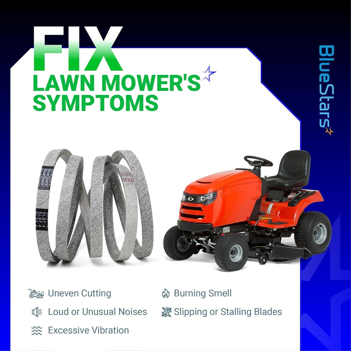174883 mower deck drive belt shown with a lawn mower to illustrate common repair symptoms like uneven cutting.