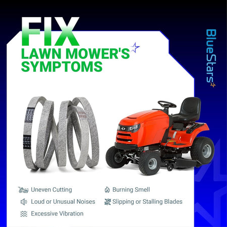 174883 mower deck drive belt shown with a lawn mower to illustrate common repair symptoms like uneven cutting.