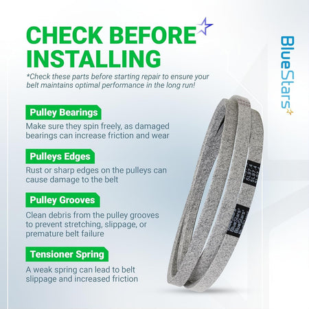 Instructional graphic for 174883 mower deck drive belt showing installation tips for pulleys and tensioners.