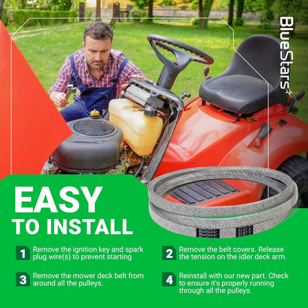 Instructional graphic showing how to install a 174883 mower deck drive belt on a lawn tractor.