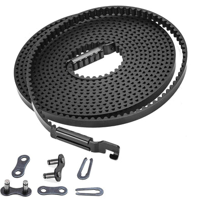 Coiled 41A5250 garage door opener belt with metal master link and installation hardware components.